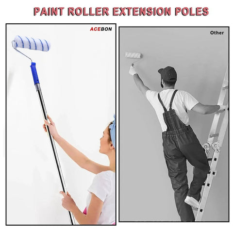 Heavy Duty Paint Roller Kit With Extension Pole Reaches High Ceilings Effortlessly No Ladder Required, woman using extension pole.