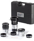 Eight Piece Telescope Accessory Kit With Two 1.25 Inch Plossl Eyepieces, 2X Barlow Lens, three filters, case, and cloth