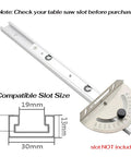 Heavy Duty Precision Miter Gauge For Table Saw With Reliable Miter Fence And Custom T Slot Fit, showing 19mm T-Slot and angle dial.