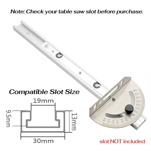 Heavy Duty Precision Miter Gauge For Table Saw With Reliable Miter Fence And Custom T Slot Fit, showing 19mm T-Slot and angle dial.