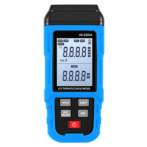 Heavy Duty Digital Thermocouple Thermometer With High Temperature Meter And Dual Channel T1 T4 Logging Features 5999 Timestamped Records Usb Rechargeable Power 60 Hour Runtime And Rugged Silicone Case Built Tough For No Sweat Industrial Jobs - blue handheld device front view with dual displays.
