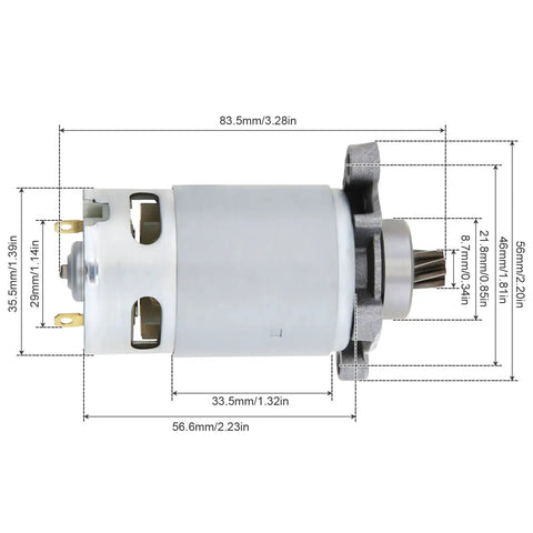 Beefy 8 Teeth RS550 DC Reciprocating Saw Motor With Helical Gear for Electric Saws, product dimensions with helical gear.