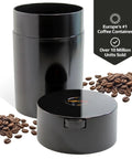 Airtight Vacuum Coffee Canister With Black Cap And Body, 1.85 Liter Smell Proof Storage Jar For Ground Coffee Or Beans shown with lid off.