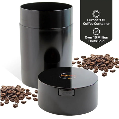 Airtight Vacuum Coffee Canister With Black Cap And Body, 1.85 Liter Smell Proof Storage Jar For Ground Coffee Or Beans shown with lid off.