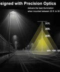 Beefed-Up 150W LED Shoebox Parking Lot Light With Dusk To Dawn Photocell lighting distance diagram over road at night.