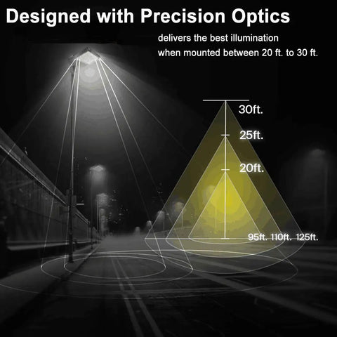 Beefed-Up 150W LED Shoebox Parking Lot Light With Dusk To Dawn Photocell lighting distance diagram over road at night.