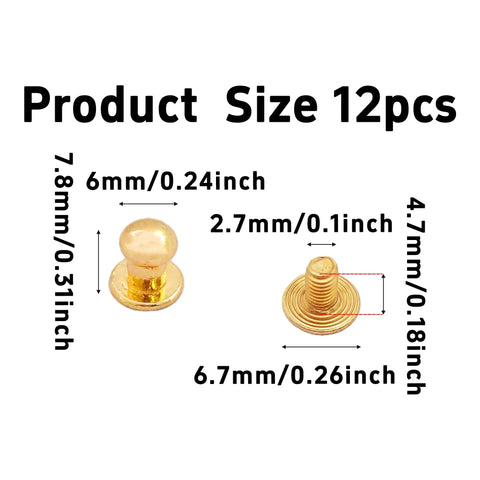 Premium Gold Chicago Button Studs 6mm Round Head Leather Screws showing sizes 6mm and 7.8mm, ideal for DIY projects.