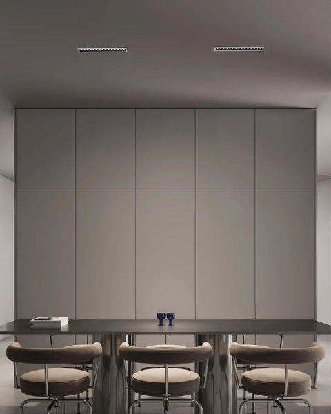 Smooth Triac Dimmable 15W Linear Recessed Lights With Slick White Trim 5 Cct Selectable Premium Led Ceiling Fixtures in modern dining area.