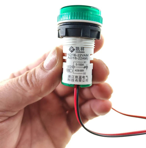Three Piece AC Current And Voltage Indicator With Two Digit LED Display, 22mm Round Head, Multi Function Meter, handheld view, green