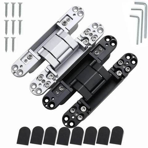 Heavy-Duty Hidden Hinge for Wooden Door with 180 Degree Adjustable Concealed Design Rated for 80Kg Load two black pieces with screws