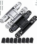 Badass Concealed Hidden Door Hinges With Rock Solid 180 Degree Adjustable Movement And A Zero Drama 80 Kilogram Load Rating For Quick Wood Door Installation In Sleek Black, showing black and silver hinges with screws.