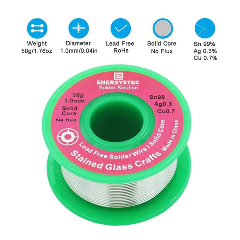 Spool of Stained Glass Solder Wire 1.0mm Solid Core Lead Free Without Flux Core 50g with product details on label