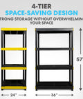 Four Tier Heavy Duty Plastic Storage Shelving Unit With 24 Inch Deep Bins For Garage And Basement Setup, 36 x 24 x 57 inches.