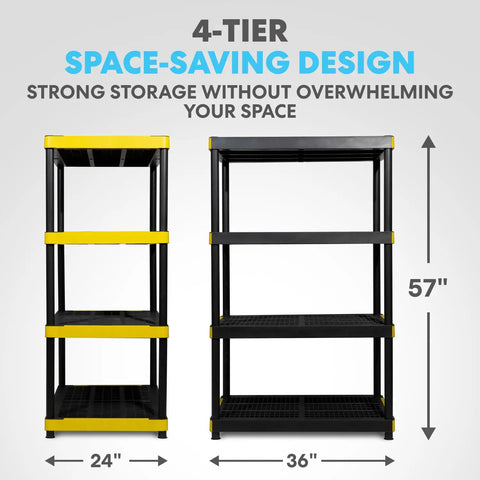 Four Tier Heavy Duty Plastic Storage Shelving Unit With 24 Inch Deep Bins For Garage And Basement Setup, 36 x 24 x 57 inches.