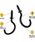 1 Inch Screw In Cup Hooks Set Black Metal 100 Pieces Heavy Duty Steel With Rust Resistant Finish Smooth Edges Easy Install For Cabinets Closets Garages Wall Hangers Diy Projects, showing two hooks with sharp tips and smooth finish.
