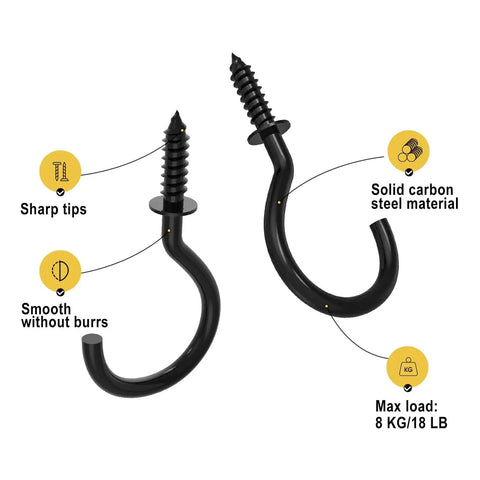1 Inch Screw In Cup Hooks Set Black Metal 100 Pieces Heavy Duty Steel With Rust Resistant Finish Smooth Edges Easy Install For Cabinets Closets Garages Wall Hangers Diy Projects, showing two hooks with sharp tips and smooth finish.