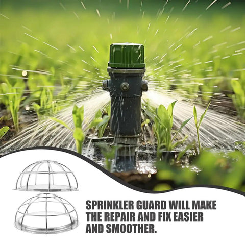 Heavy Duty Stainless Steel Sprinkler Head Protectors with water spraying from a garden sprinkler in a green field.