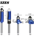 Must Have Four Piece Router Bit Set With One Quarter Inch Shank Tungsten Carbide Tips Includes Top Bearing Flush Trim Pattern Template Forty Five Degree Chamfer And Roundover Bits For Woodworking Projects Great For Beginners And DIY showing sizes and dimensions of each bit