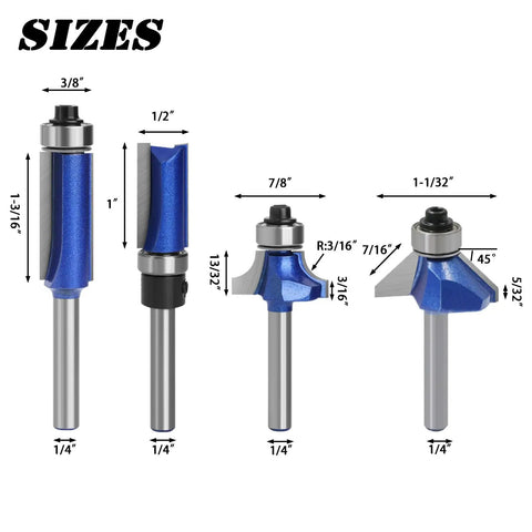 Must Have Four Piece Router Bit Set With One Quarter Inch Shank Tungsten Carbide Tips Includes Top Bearing Flush Trim Pattern Template Forty Five Degree Chamfer And Roundover Bits For Woodworking Projects Great For Beginners And DIY showing sizes and dimensions of each bit