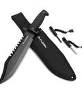 Survival Knife With Sheath 15 Inch Fixed Blade Bowie Ultra Sharp Stainless Steel Clip Point with accessories on white background