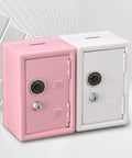 Pink and white Mini Money Safe Lock Box for Cash, Jewelry and Valuables, durable steel, 4.6 x 4.2 x 6.9 inches, front view.