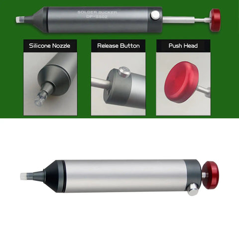 SS-02 Desoldering Solder Sucker Pro-Grade Desoldering Tool with silicone nozzle, release button, and push head detail