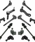 Grease Monkey Tested 14 Piece Steering Suspension Swap Kit With Ball Joints Tie Rod Ends Sway Bar Links Pitman Arm Idler Arm Fits 2000 2002 Dodge Ram 2500 RWD components arranged in a flat layout.