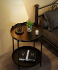 Black 2 tier end table with removable tray, metal side table for living room, next to bed with lamp and plant