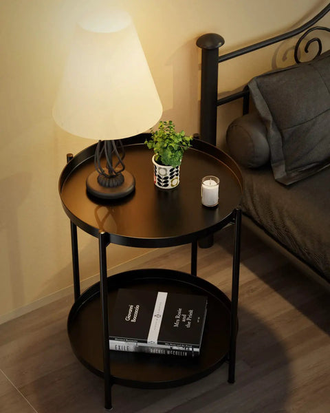 Black 2 tier end table with removable tray, metal side table for living room, next to bed with lamp and plant