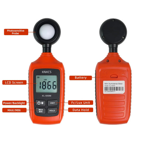 Lux Meter For Plants And Studio Photography With High Sensitivity Probe Auto Ranging Max Min Mode Backlit Screen 0 To 200000 Lux Pro Grade Readings For Industrial Work And Indoor Grow Setups, front and back views