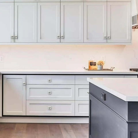White cabinets with heavy duty one and a half inch cabinet knobs with back plate polished nickel finish two pack ergonomic grip.