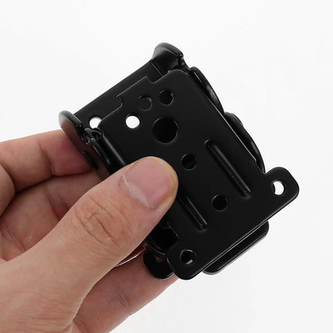 Close-up of Self Locking Folding Table Leg Brackets 4 Pack, Quick Setup Hardware Hinges showing black metal construction