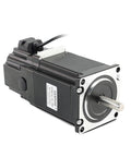 Front-right view of a black NEMA 23 stepper motor with silver mounting flange, protruding shaft and top white connector