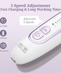 Cordless Electric Foot File For Crusty Thick Toenails And Hard Calluses Packs Eight Swappable Carving Heads Plus Rugged Sanding Collars For No Sweat Salon Ready Pedicure Results showing 5 speed adjustment control and charging info.