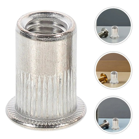 Close-up of Stainless Steel Rivet Nuts M5 Flat Head 70pcs Threaded Insert Nut Kit for quick riveting and durable installations