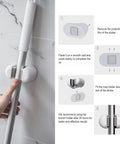 Installation guide for Three Pack Wall Mount Mop And Broom Holder Organizer with Self Adhesive Clips in bathroom