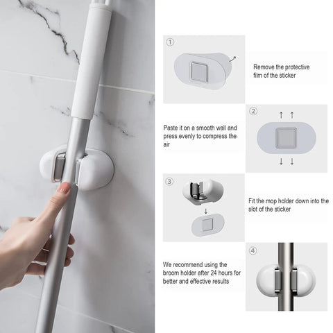Installation guide for Three Pack Wall Mount Mop And Broom Holder Organizer with Self Adhesive Clips in bathroom
