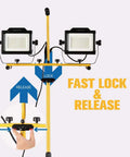 Hella Bright 20000 Lumen Dual Head LED Work Light With Stand showing fast lock release mechanism, on telescoping tripod.