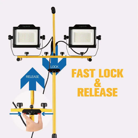 Hella Bright 20000 Lumen Dual Head LED Work Light With Stand showing fast lock release mechanism, on telescoping tripod.