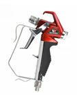 Close-up of Heavy Duty Airless Paint Sprayer Gun With Two Finger Trigger And Integrated Filter in red finish.