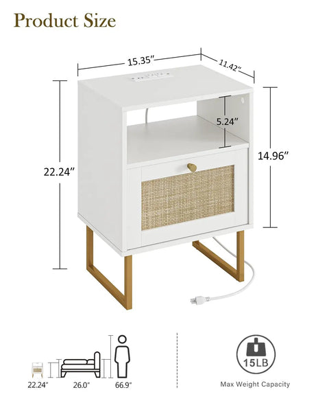 Dimensions of Rattan Boho Nightstand With Charging Station Dope Space Saving Farmhouse Wood Bedside Table With Storage Drawer