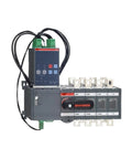 Dual Power Supply Mains Transfer Switch 100 Amp Auto Transfer Switch for Backup Power Systems, 100A Capacity, Reliable Power Source Selector For Critical Equipment, Beefy Heavy Duty Build Compatible With Residential And Industrial Setups. front view with cables