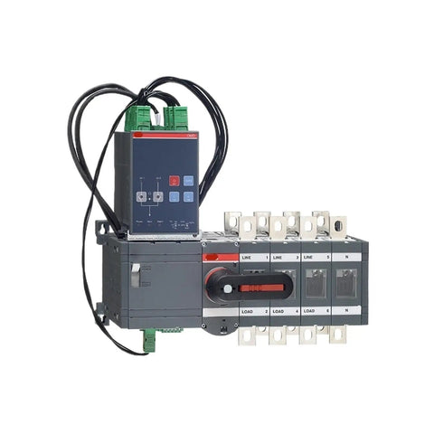 Dual Power Supply Mains Transfer Switch 100 Amp Auto Transfer Switch for Backup Power Systems, 100A Capacity, Reliable Power Source Selector For Critical Equipment, Beefy Heavy Duty Build Compatible With Residential And Industrial Setups. front view with cables
