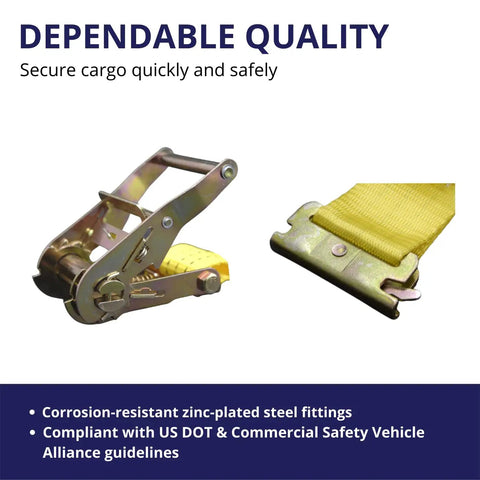 Heavy Duty Ratchet Tie Down Straps 2 Inch By 15 Foot Four Pack For Securing Cargo During Transport With 4400 Pound Breaking Strength And 1460 Pound Working Load Limit Featuring Zinc Plated Steel Hardware showing zinc-plated fittings close-up.