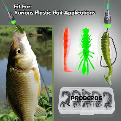 Bass Fishing Offset Worm Hooks Kit With Tackle Box, EWG Wide Gap Hooks, plastic baits, and fish caught using the kit displayed.