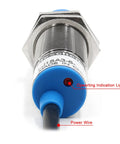 Inductive Proximity Sensor Switch M18 Non Shield Type With 8mm Sensing Range, 10 To 30V DC, 200mA, NPN Normally Closed Three Wire, Blue Housing, 18mm Mounting Hole, LJ18A3 8 Z AX Compatible Workhorse For Industrial Automation front view with cable