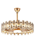 Luxurious Crystal Chandelier Ceiling Fan Light With Silent Quiet Blades And A Slick Remote Control hanging from a gold ceiling mount.