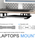 Slick Silver Under Desk Laptop Mount With Solid Aluminum Shelf And Anti Scratch Silicone Pads adjusting under table, holding laptop