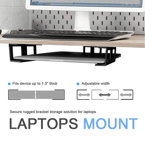 Slick Silver Under Desk Laptop Mount With Solid Aluminum Shelf And Anti Scratch Silicone Pads adjusting under table, holding laptop