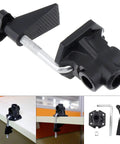 Universal Desk Clamp Mount Bracket for Mic Stands and Table Lamps on desk, showing aluminum alloy construction and 43mm clamping.